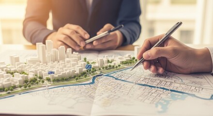 Urban Planning Architects Working on City Map Model with Digital Tablets in Bright Office