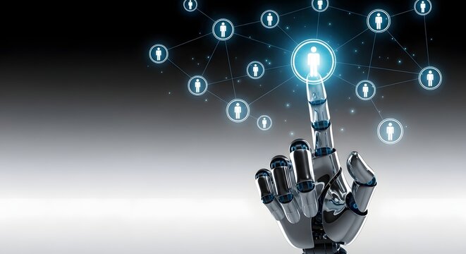Robotic hand interacting with a network of human icons on a digital interface with a gray background