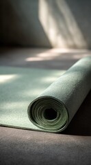Rolled up yoga mat, a muted sage green, lies on a neutral surface, illuminated by natural light.