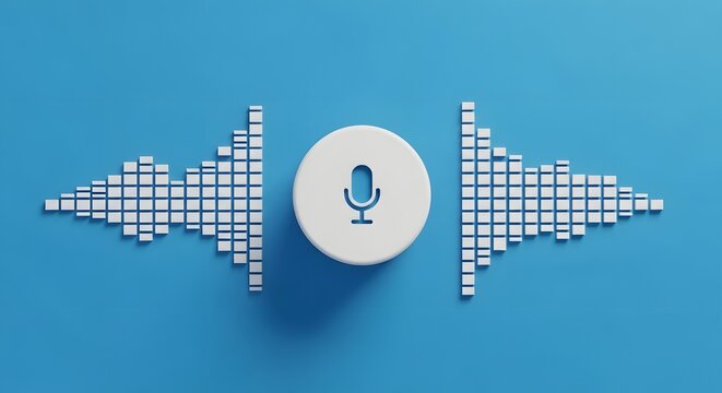 White microphone icon on a circle with sound wave bars on a light blue background studio shot
