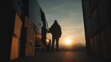 Silhouette of a Man Standing Before a Van at Sunset, Surrounded by Boxes.