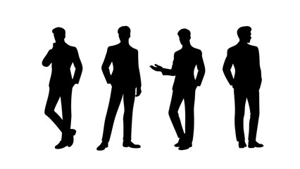 Set Silhouettes of four tall men in suits standing in different stylish poses, modern and elegant design