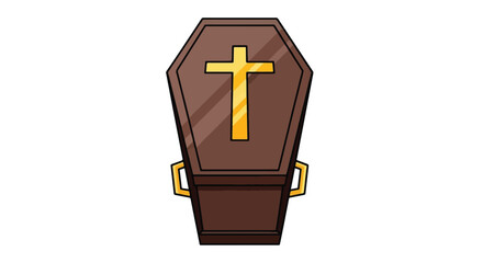 Obraz premium A cartoon illustration of a brown coffin with a golden cross on top, symbolizing death and religious burial.