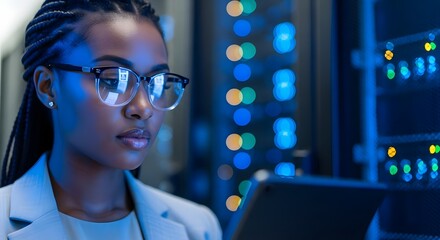 Woman with glasses in server room using tablet with blue light and server racks behind her