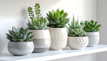 Succulents in various ceramic pots on a white shelf
