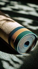 Rolled yoga mat with subtle color stripes, displayed on a textured surface, showcasing the mat's design and form.