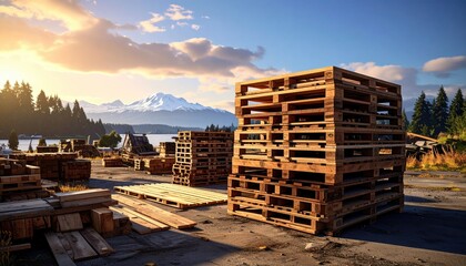 Stacked wooden pallets at a lakeside lumber yard, majestic mountains and sunset in the background