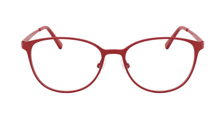 Isolated round eyeglasses with thin red metal frames and nose pads, eyewear fashion item