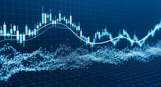 A blue background with candlestick charts and a network of dots and lines in the foreground