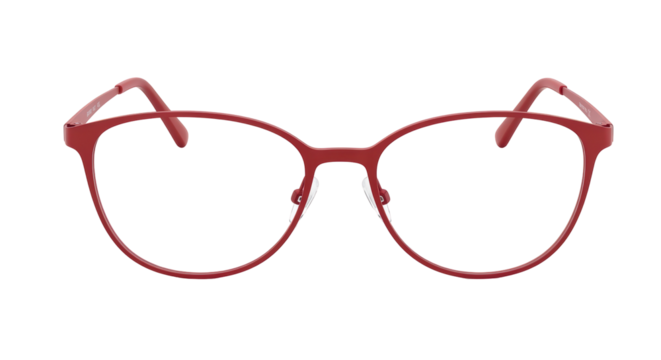 Isolated round eyeglasses with thin red metal frames and nose pads, eyewear fashion item