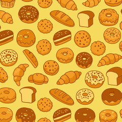 Bakery products pattern with various types of bread, pastries, and donuts in a vibrant yellow background.