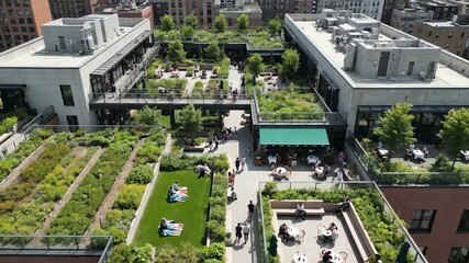 Experience the lively atmosphere of a rooftop garden in New York, where people relax in tranquil green spaces, enjoying sun and fresh air amidst city life.
