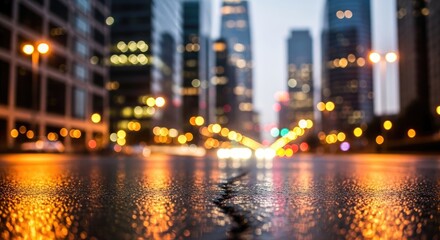 Obraz premium Vibrant Urban Nightscape with Bokeh City Lights Reflected on Wet Pavement