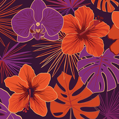 Tropical floral pattern with vibrant colors in a dark background. Bold design with orchids, hibiscus, and large leaves in shades of orange and purple on a deep burgundy backdrop.