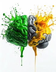 A bisected brain, one half splashed with vibrant green paint, the other with yellow, against a stark white background, showcasing dynamic creative energy and contrasting ideas