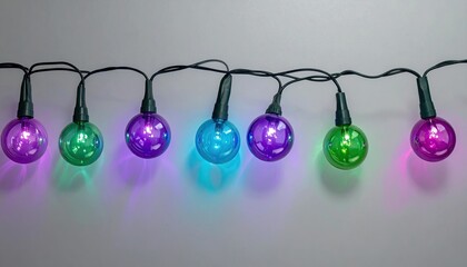 String of colorful, translucent globe lights on a white background, casting soft shadows