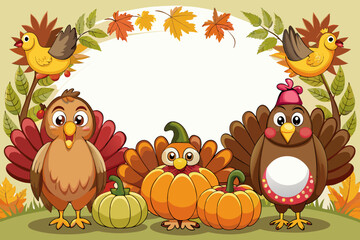Charming cartoon thanksgiving border with smiling turkeys and pumpkins vector illustration