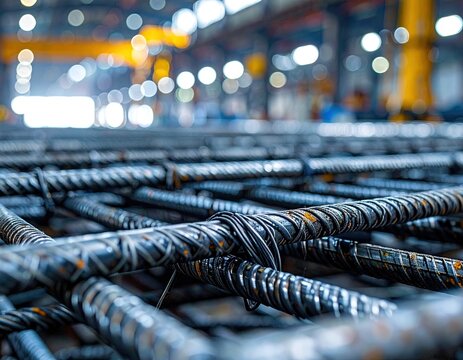 Close-up of a steel rebar grid, tightly bound, in a blurred industrial setting