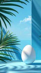 Serene tropical scene a white sphere rests on a light blue surface, partially shaded by palm fronds against a bright blue sky