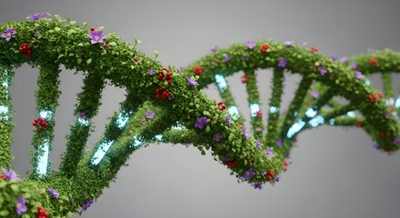 A dna helix structure covered in green leaves with small purple flowers and red berries on a gray background