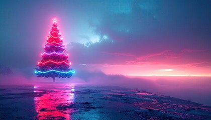 Neon-lit Christmas tree stands alone in a foggy, colorful landscape at sunset, its lights reflected in the icy ground