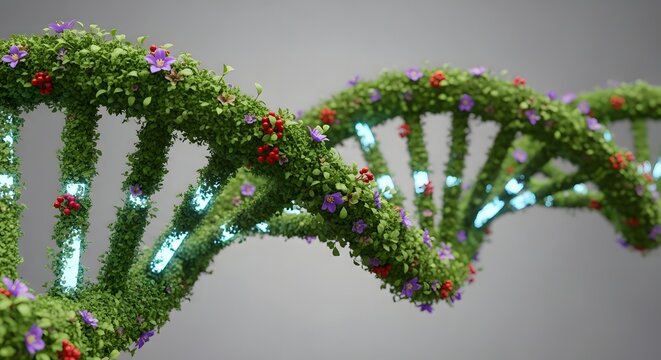 A dna helix structure covered in green leaves with small purple flowers and red berries on a gray background