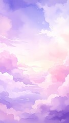 Dreamy pastel sky with soft, fluffy clouds in shades of purple, pink, and white, creating a serene and ethereal atmosphere