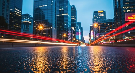 Dynamic City Nightscape with Modern Skyscrapers and Vibrant Vehicle Light Trails on Wet Road
