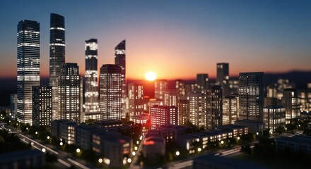 Obraz premium Modern Cityscape Skyline at Sunset with Illuminated Tall Buildings in Urban Area