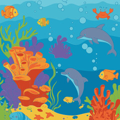 Colorful underwater scene with diverse sea creatures. Animated coral reef with playful dolphins, fish, and crabs in vibrant colors.