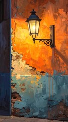 Glowing lantern affixed to a decaying, textured wall, painted in warm oranges and cool blues, casting a warm light