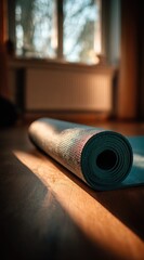 Rolled yoga mat rests on a wooden floor, bathed in the warm light filtering through a window.