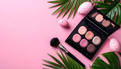 Pink background featuring eyeshadow palette, makeup brush, pastel speckled eggs, and tropical leaves