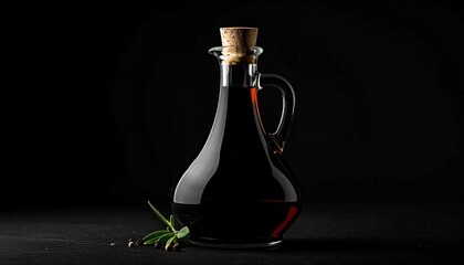 Dark, rich balsamic vinegar in a clear glass decanter with a cork stopper, sits on a dark surface next to peppercorns and a sprig of rosemary