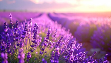 Vibrant purple lavender field bathed in warm sunset light, showcasing delicate blossoms and rolling hills in the background