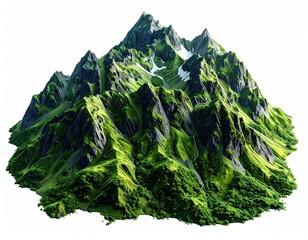 Lush, verdant mountain range, snow-capped peaks, steep slopes, isolated on white background, detailed texture