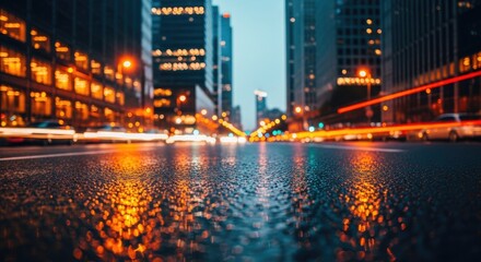 Fototapeta premium Night Cityscape with Blurred Motion and Wet Road Reflections