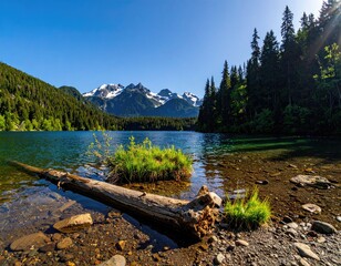 Serene mountain lake scene; clear water, log in foreground, snow-capped peaks in background, lush green forest