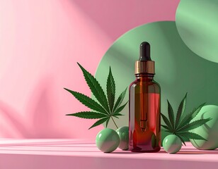 Amber glass dropper bottle of CBD oil sits on a pink surface, flanked by hemp leaves and pastel green spheres, bathed in soft sunlight