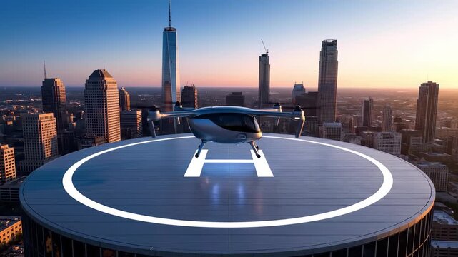A drone explores a vibrant city skyline during sunset. Skyscrapers rise majestically while the helipad offers a perfect viewpoint, showcasing the beauty of urban life and architecture.