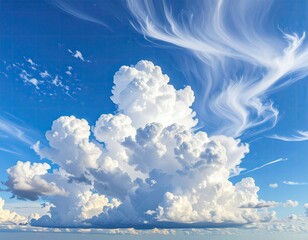 A vibrant blue sky features a large, cumulus cloud formation, contrasted by wispy, flowing cirrus clouds above.  The clouds are brightly lit, suggesting daytime