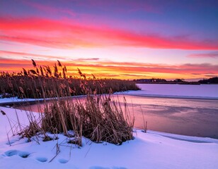 Vibrant sunset hues paint the sky over a snow-covered landscape, reflecting in a partially frozen waterway bordered by tall, dried reeds