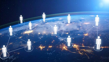 “Surreal network of human figures on cloud platforms, symbolizing digital connectivity”

