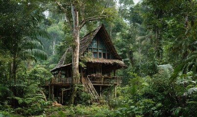 Lush jungle cabin nestled in dense rainforest
