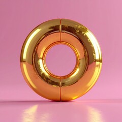A polished gold torus, bisected vertically, rests on a pink surface, casting a subtle reflection