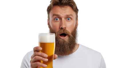 Fototapeta premium Transparent background portrait of a strong British man with beard and blue eyes drinking golden beer in glass, realistic studio photography, natural lighting, DSLR quality.