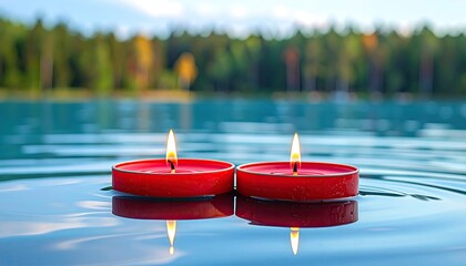 Two red candles float on calm water, reflecting softly, with a blurred forest backdrop