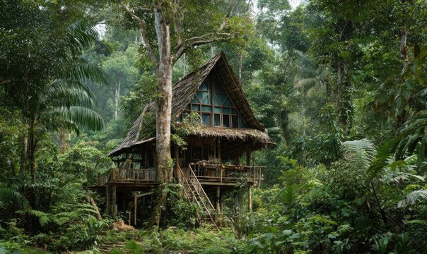 Lush jungle cabin nestled in dense rainforest