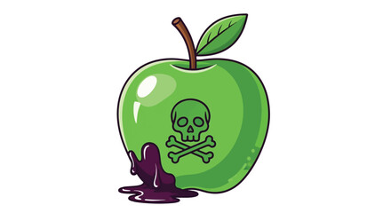 A green apple with a skull and crossbones symbol, indicating poison, with purple liquid.