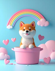 A cheerful Shiba Inu puppy sits in a pink pot, surrounded by hearts and a rainbow on a pastel blue background